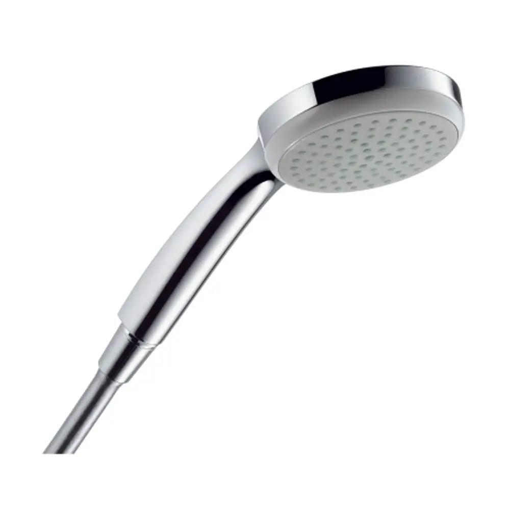 Handbrause mit runder Kopfteil und glänzender Chrom-Oberfläche, gefertigt von Hansgrohe. Die Düse besitzt mehrere Wasserstrahlöffnungen für individuellen Wasserfluss.